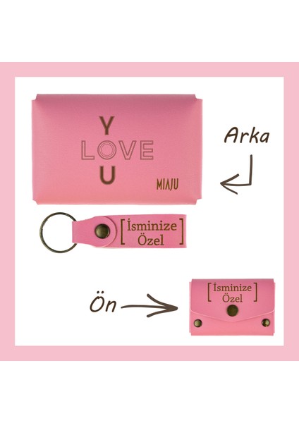 Pembe Renk, I Love You Sevenler Için, Isme Özel Cüzdan ve Anahtarlık Set, Efsane Hatıra Set
