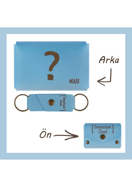 Açık Mavi, Cevap Bulamayanlar İçin Soru İşareti Desenli, İsme Özel, Cüzdan Ve Anahtarlık Set