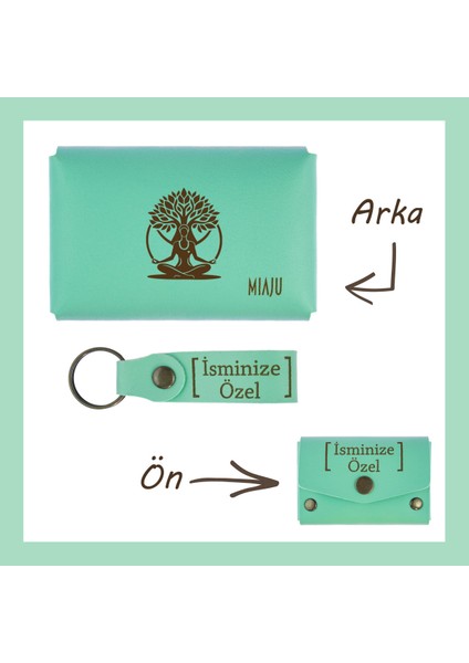 Açık Yeşil, Hayat Ağacı Desenli, İsme Özel Cüzdan Ve Anahtarlık Set, Akrabaya Özel Hediyelik
