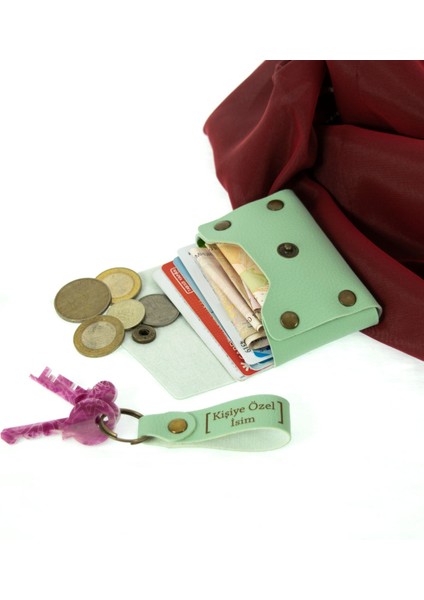 Açık Yeşil, Hayat Ağacı Desenli, İsme Özel Cüzdan Ve Anahtarlık Set, Akrabaya Özel Hediyelik fırsatları