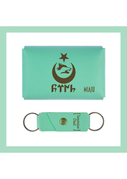 Açık Yeşil, Bozkurt Ay Yıldız Desenli, İsme Özel Cüzdan Ve Anahtarlık Set, Akrabaya Hediye Aksesuar fiyatları