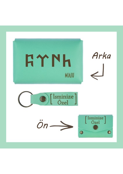 Açık Yeşil, Göktürk Türk Yazı Desenli, Kişiye, İsme Özel Cüzdan Ve Anahtarlık Set, Kıymetliye Hediye