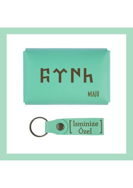 Açık Yeşil, Göktürk Türk Yazı Desenli, Kişiye, İsme Özel Cüzdan Ve Anahtarlık Set, Kıymetliye Hediye fiyatları
