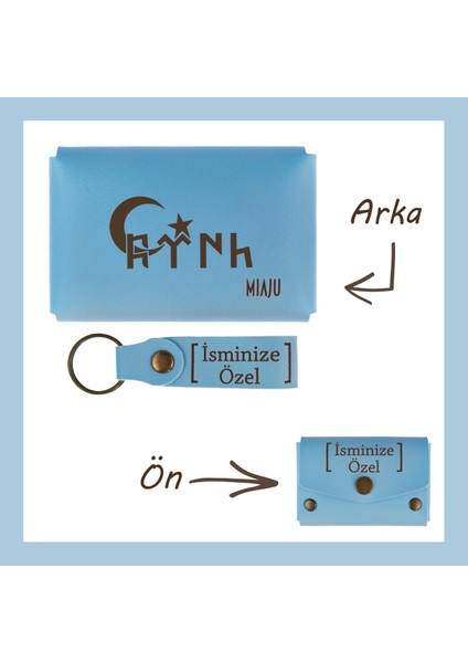 Açık Mavi, Türk Ve Ayyıldız Desenli, İsme Özel, Cüzdan Ve Anahtarlık Set, Sevgililere Hediye Hatıra