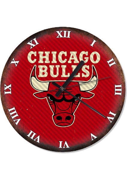 50 cm Çap Yuvarlak Modern Duvar Saati, Beyaz, Chicago Bulls Temalı, Şık Tasarım