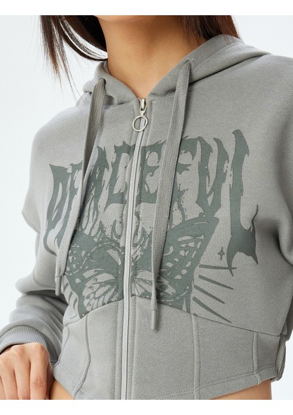 Crop Sweatshirt Kapüşonlu Fermuarlı Kolej Baskılı Korse Detaylı Şardonlu indirimleri