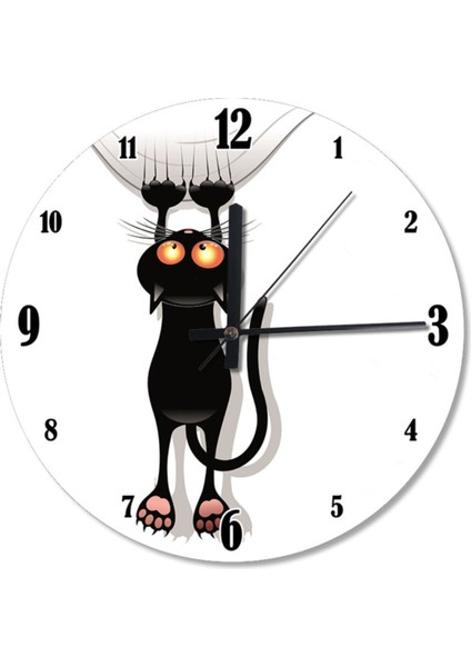 30 cm çapında kara kedi şekilli yuvarlak duvar saati, şık ve modern tasarım