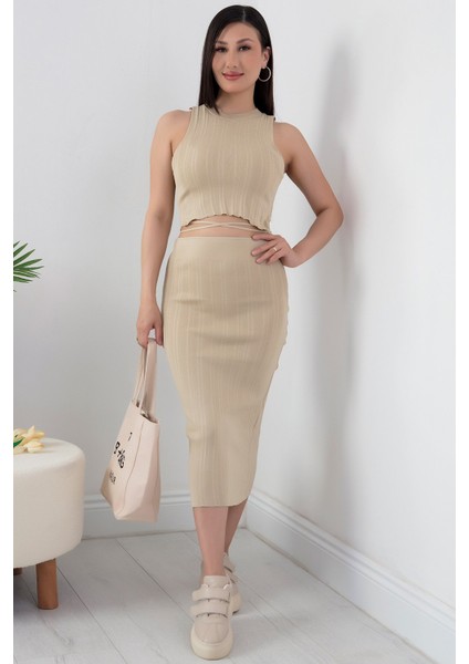 Halter Yaka Crop ve Etek Triko Ikili Takım 2737 modelleri