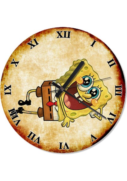 Retro Sünger Bob Temalı 30 cm Sessiz Duvar Saati, Şık ve Modern Tasarım