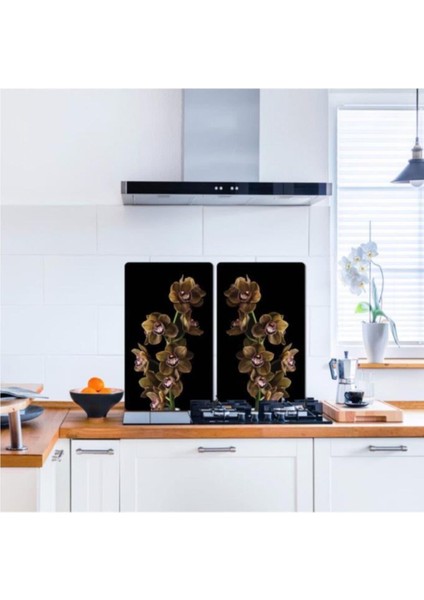 2' Li 40X52 cm Kahve Orkide Desenli Cam Kesme Tablası ve Ocak Koruyucu