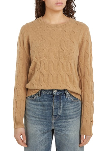 Yuvarlak Yaka Standart Desenli Deve Tüyü Kazak Kadın Soft Yün Cable C-Nk