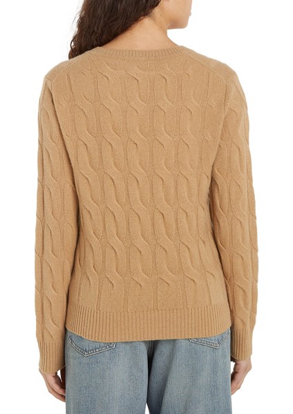 Yuvarlak Yaka Standart Desenli Deve Tüyü Kazak Kadın Soft Yün Cable C-Nk fırsatları