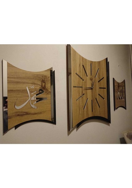 40x50cm Gümüş Ahşap ve Aynalı Geometrik Duvar Saati, 2'li Set