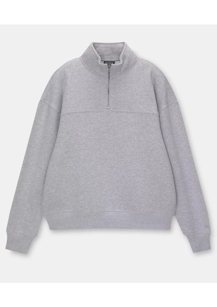 Oversize Yarım Farmuarlı Yakalı Basic Sweatshirt - Gri