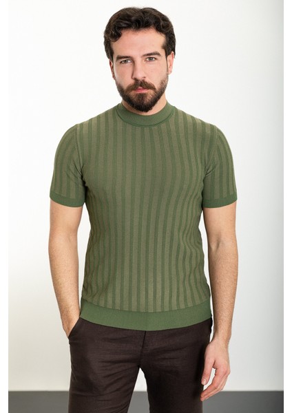 Çizgili Haki Slim Fit Yarım Balıkçı Yaka Erkek Triko T-Shirt
