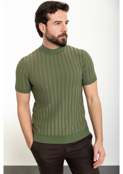 Çizgili Haki Slim Fit Yarım Balıkçı Yaka Erkek Triko T-Shirt fırsatları