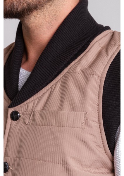 Çizgi Desenli Bej Rengi Slim Fit Şal Yaka Erkek Yelek fiyatları