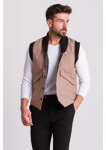 Çizgi Desenli Bej Rengi Slim Fit Şal Yaka Erkek Yelek fırsatları