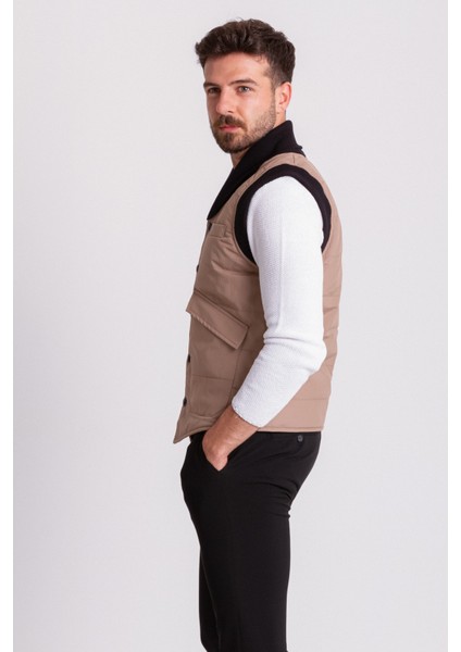 Çizgi Desenli Bej Rengi Slim Fit Şal Yaka Erkek Yelek indirimleri