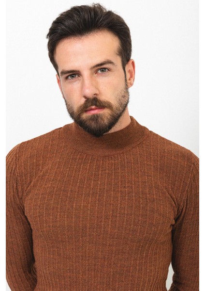 Çizgili Tütün Rengi Slim Fit Yarım Balıkçı Yaka Yün Erkek Kazak