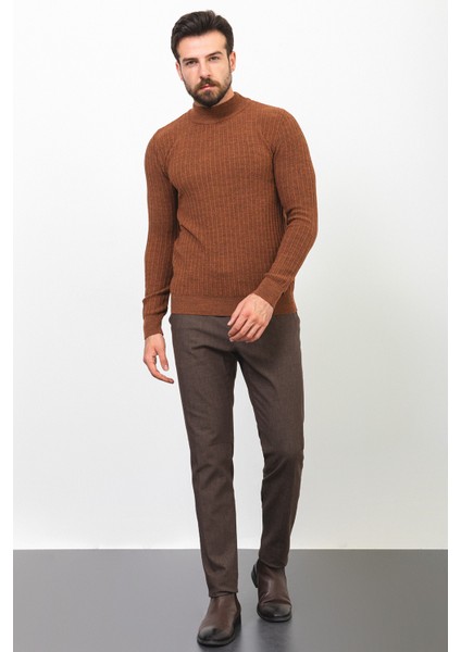 Çizgili Tütün Rengi Slim Fit Yarım Balıkçı Yaka Yün Erkek Kazak