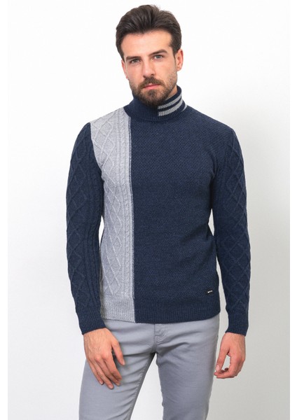 Parçalı Lacivert Renk Slim Fit Tam Balıkçı Yaka Yün Erkek Kazak