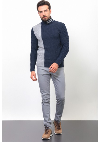 Parçalı Lacivert Renk Slim Fit Tam Balıkçı Yaka Yün Erkek Kazak