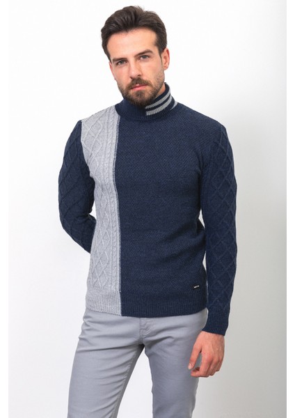 Parçalı Lacivert Renk Slim Fit Tam Balıkçı Yaka Yün Erkek Kazak