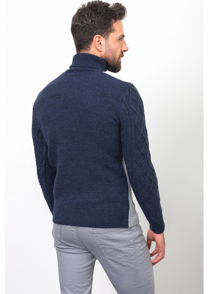 Parçalı Lacivert Renk Slim Fit Tam Balıkçı Yaka Yün Erkek Kazak