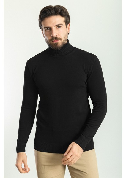 Düz Siyah Renk Slim Fit Tam Balıkçı Yaka Erkek Kazak