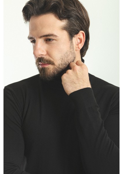 Düz Siyah Renk Slim Fit Tam Balıkçı Yaka Erkek Kazak fiyatları