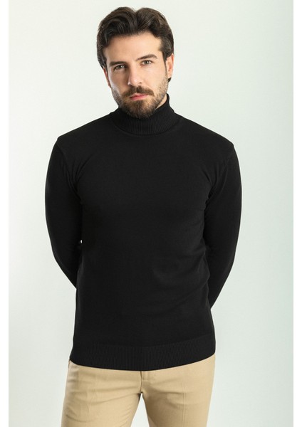 Düz Siyah Renk Slim Fit Tam Balıkçı Yaka Erkek Kazak modelleri
