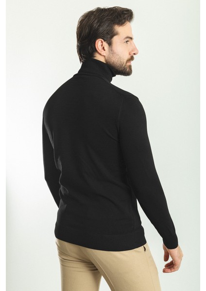 Düz Siyah Renk Slim Fit Tam Balıkçı Yaka Erkek Kazak fırsatları