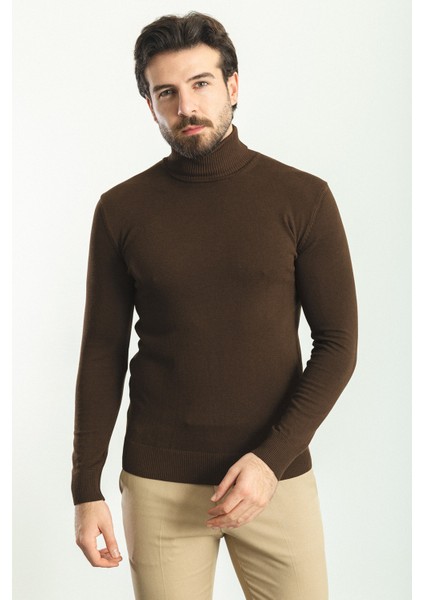 Düz Kahverengi Slim Fit Tam Balıkçı Yaka Erkek Kazak modelleri