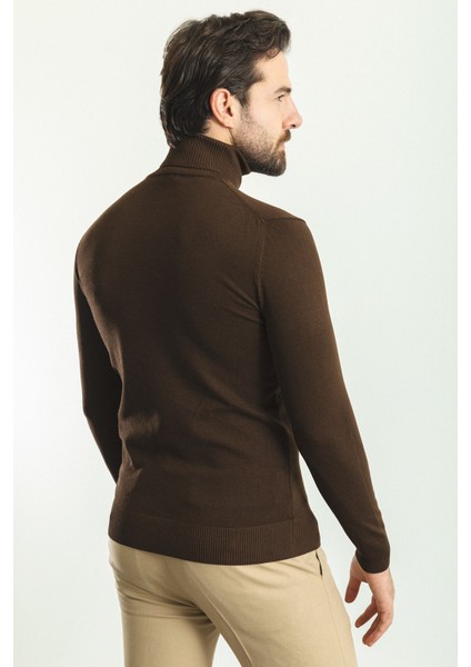 Düz Kahverengi Slim Fit Tam Balıkçı Yaka Erkek Kazak fırsatları