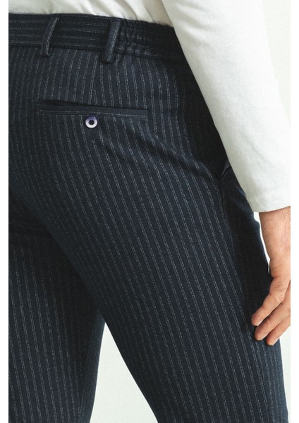 Çizgili Lacivert Renk Super Slim Fit Beli Lastikli İpli Erkek Pantolon modelleri