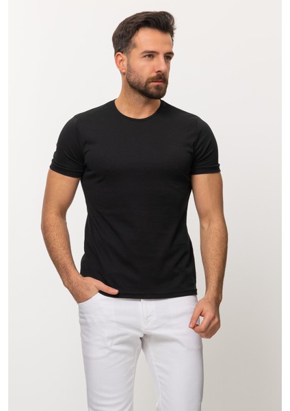 Duz Siyah Renk Slim Fit Bisiklet Yaka Basıc Erkek T-Shirt