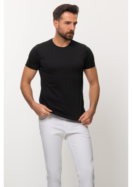 Duz Siyah Renk Slim Fit Bisiklet Yaka Basıc Erkek T-Shirt modelleri