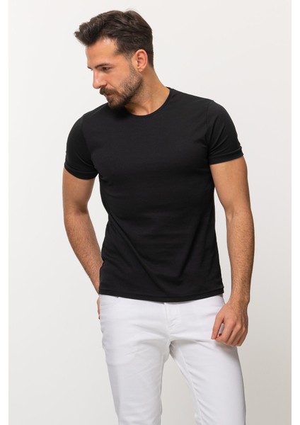 Duz Siyah Renk Slim Fit Bisiklet Yaka Basıc Erkek T-Shirt fırsatları