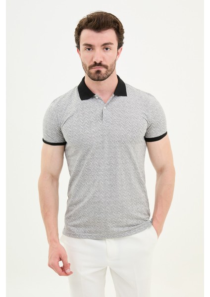 Desenli Ekru Slim Fit Polo Yaka Erkek T-Shirt