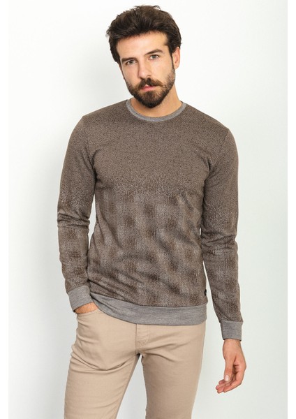 Parça Desenli Kahverengi Slim Fit Bisiklet Yaka Uzun Kollu Erkek T-Shirt