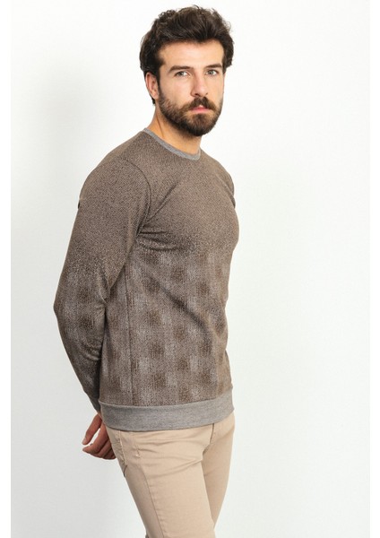 Parça Desenli Kahverengi Slim Fit Bisiklet Yaka Uzun Kollu Erkek T-Shirt modelleri