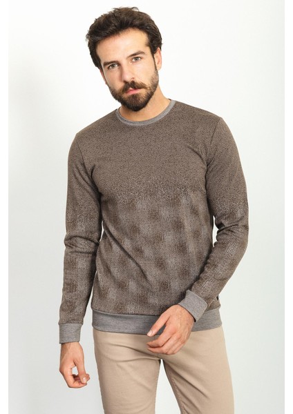 Parça Desenli Kahverengi Slim Fit Bisiklet Yaka Uzun Kollu Erkek T-Shirt fırsatları