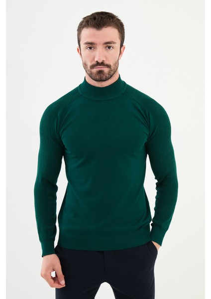 Düz Zümrüt Rengi Slim Fit Yarım Balıkçı Yaka Erkek Triko Kazak