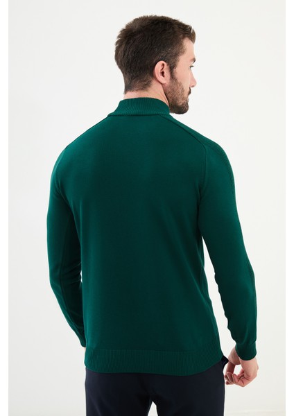Düz Zümrüt Rengi Slim Fit Yarım Balıkçı Yaka Erkek Triko Kazak