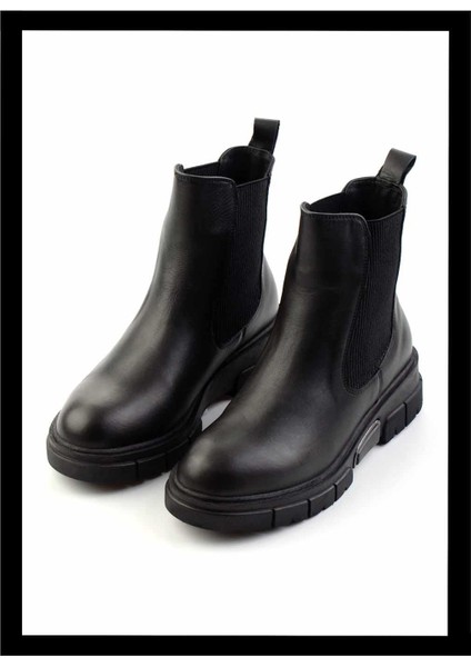 Siyah Hakiki Deri Kadın Bot & Bootie K02413041103
