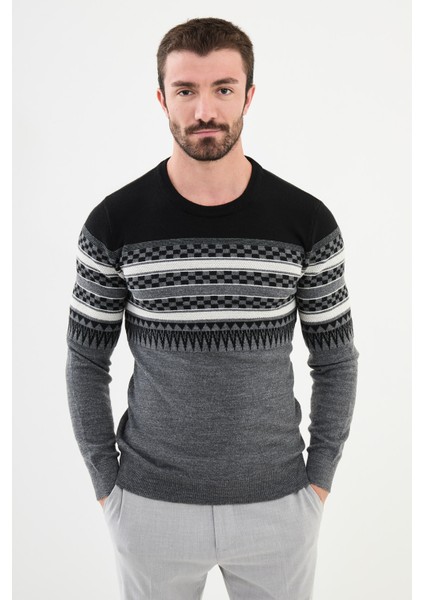 Desenli Antrasit Slim Fit Bisiklet Yaka Erkek Triko Kazak