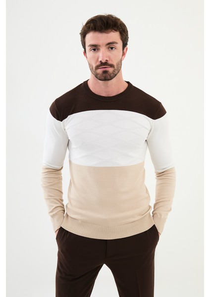 Parçalı Bej Slim Fit Bisiklet Yaka Erkek Triko Kazak
