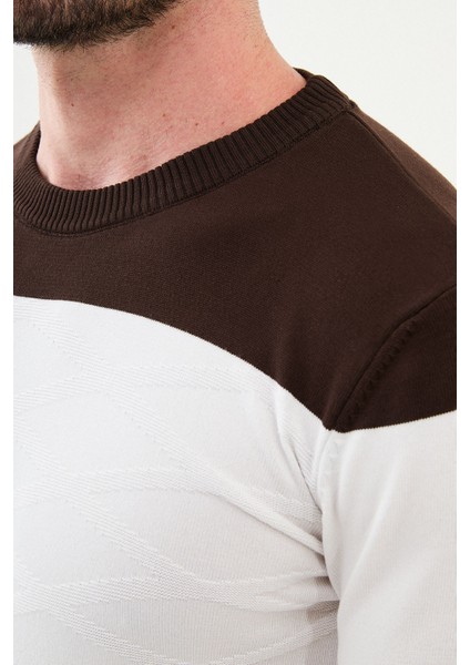 Parçalı Bej Slim Fit Bisiklet Yaka Erkek Triko Kazak