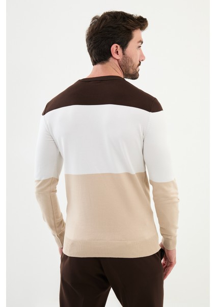 Parçalı Bej Slim Fit Bisiklet Yaka Erkek Triko Kazak